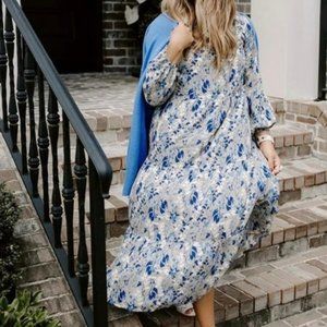 a new day, Long Sleeve Tiered Dress Gray Blue Maxi